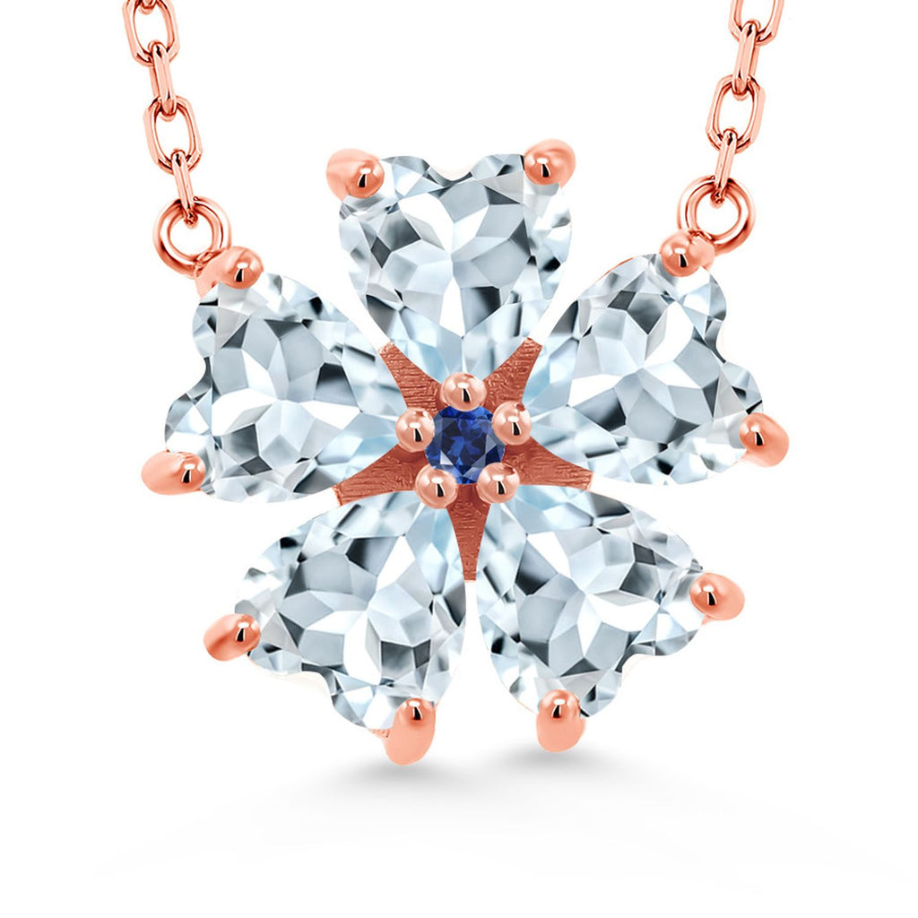 Gem Stone King 925 Sterling Silver Gemstone Birthstone and Blue Created Sapphire Flower Pendant Necklace for Women | Heart Shape 6MM Petals and Round 2MM Center | With 18 Inch Chain | Fine Jewelry for Her Mom Wife