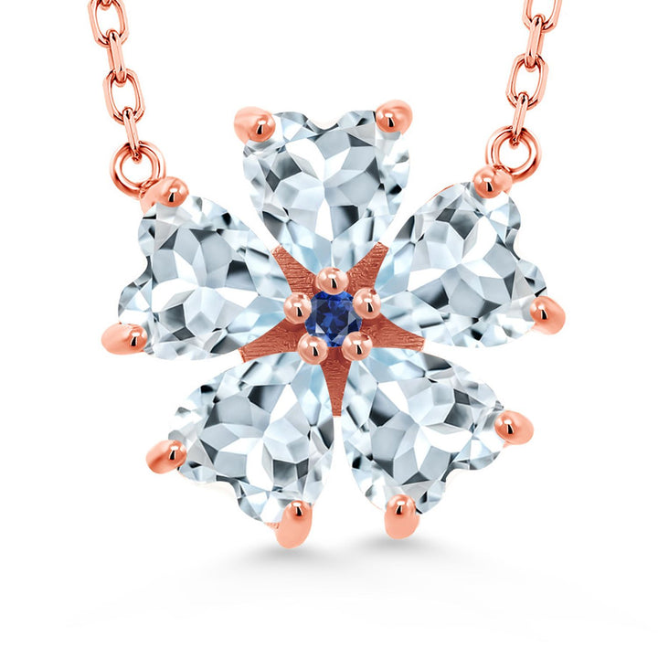 Gem Stone King 925 Sterling Silver Gemstone Birthstone and Blue Created Sapphire Flower Pendant Necklace for Women | Heart Shape 6MM Petals and Round 2MM Center | With 18 Inch Chain | Fine Jewelry for Her Mom Wife
