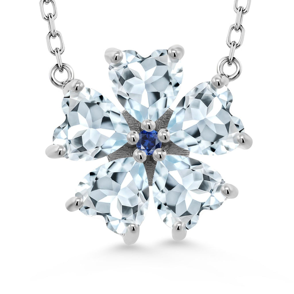 Gem Stone King 925 Sterling Silver Gemstone Birthstone and Blue Created Sapphire Flower Pendant Necklace for Women | Heart Shape 6MM Petals and Round 2MM Center | With 18 Inch Chain | Fine Jewelry for Her Mom Wife