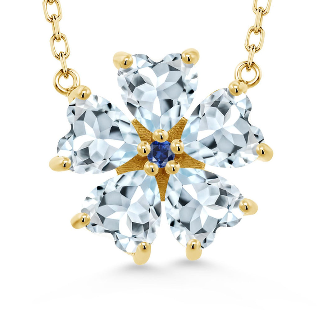 Gem Stone King 925 Sterling Silver Gemstone Birthstone and Blue Created Sapphire Flower Pendant Necklace for Women | Heart Shape 6MM Petals and Round 2MM Center | With 18 Inch Chain | Fine Jewelry for Her Mom Wife