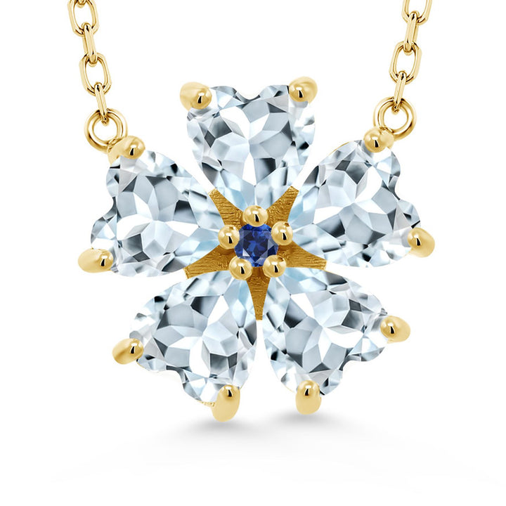 Gem Stone King 925 Sterling Silver Gemstone Birthstone and Blue Created Sapphire Flower Pendant Necklace for Women | Heart Shape 6MM Petals and Round 2MM Center | With 18 Inch Chain | Fine Jewelry for Her Mom Wife