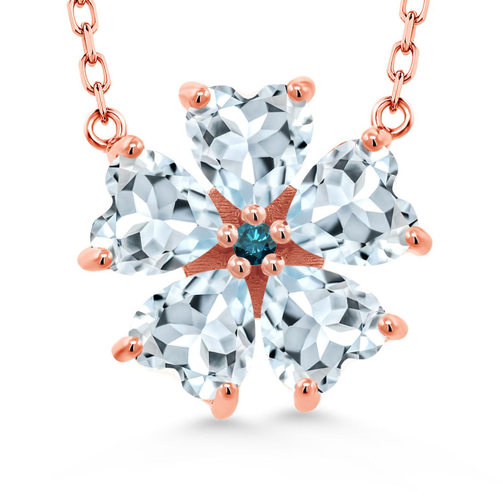 Gem Stone King 925 Sterling Silver Gemstone Birthstone and Blue Diamond Flower Pendant Necklace for Women | Heart Shape 6MM Petals and Round 2MM Center | With 18 Inch Chain | Fine Jewelry for Her Mom Wife