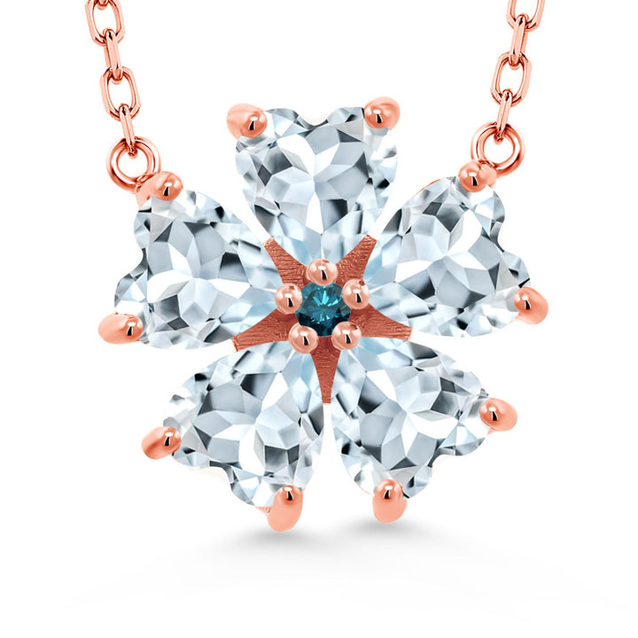 Gem Stone King 925 Sterling Silver Gemstone Birthstone and Blue Diamond Flower Pendant Necklace for Women | Heart Shape 6MM Petals and Round 2MM Center | With 18 Inch Chain | Fine Jewelry for Her Mom Wife