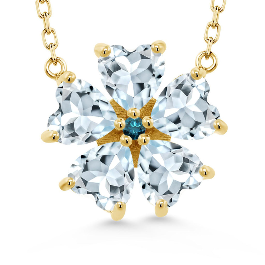 Gem Stone King 925 Sterling Silver Gemstone Birthstone and Blue Diamond Flower Pendant Necklace for Women | Heart Shape 6MM Petals and Round 2MM Center | With 18 Inch Chain | Fine Jewelry for Her Mom Wife