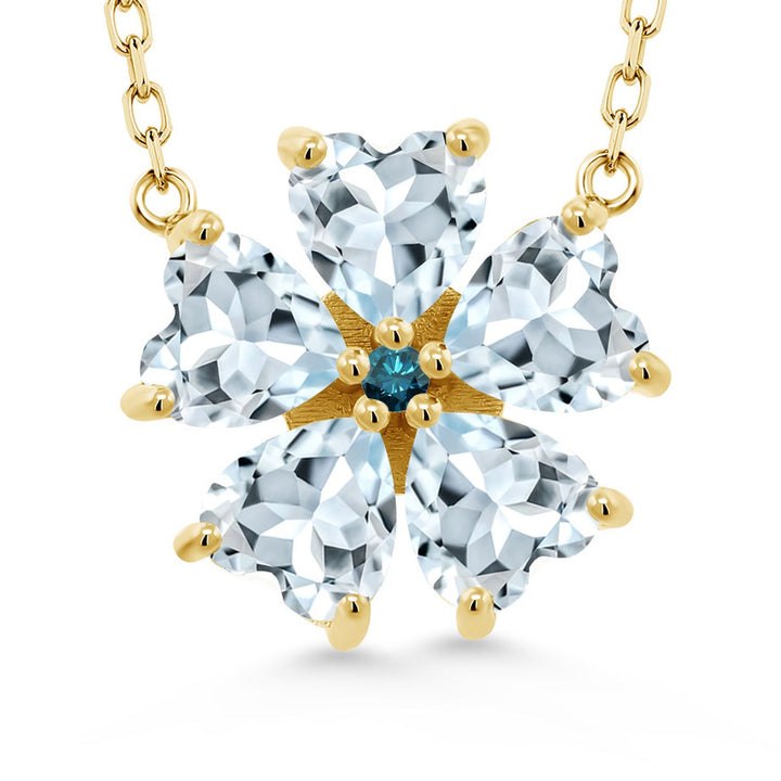 Gem Stone King 925 Sterling Silver Gemstone Birthstone and Blue Diamond Flower Pendant Necklace for Women | Heart Shape 6MM Petals and Round 2MM Center | With 18 Inch Chain | Fine Jewelry for Her Mom Wife