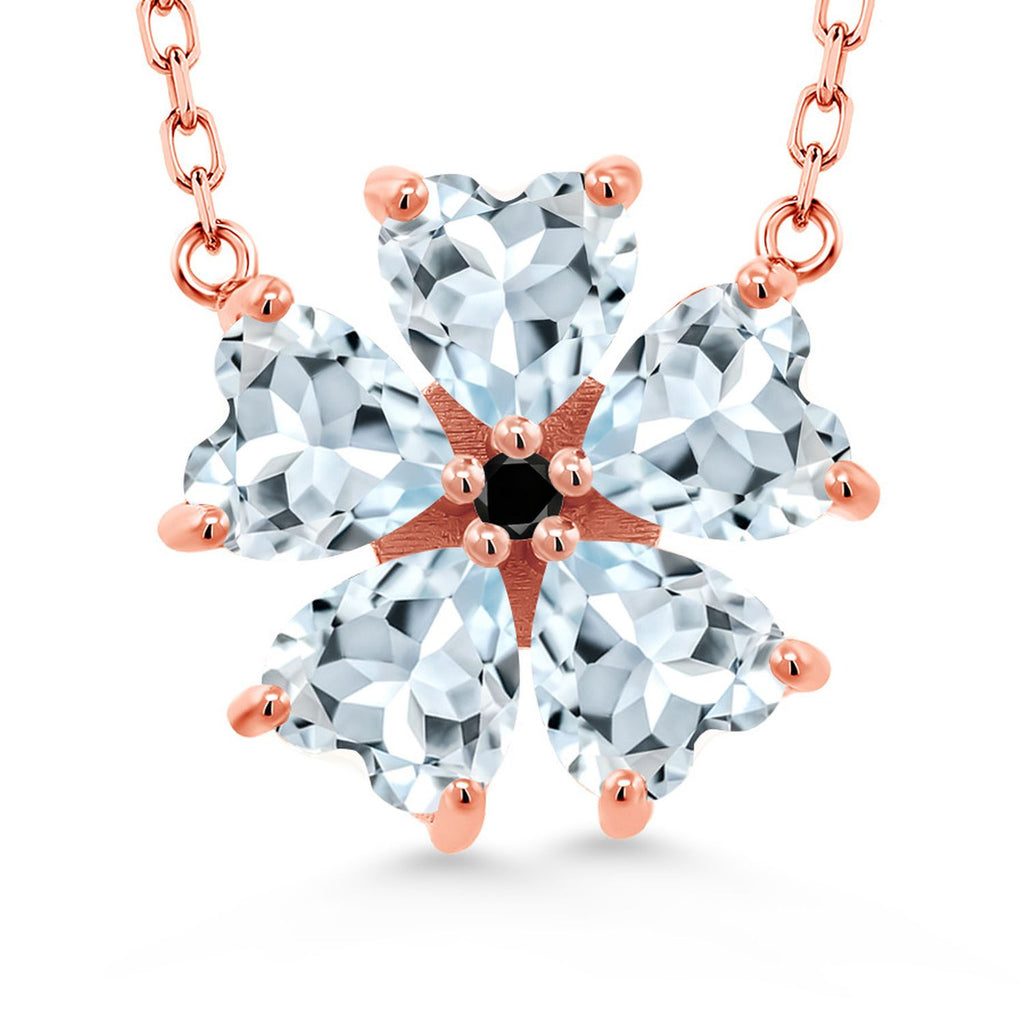 Gem Stone King 925 Sterling Silver Gemstone Birthstone and Black Diamond Flower Pendant Necklace for Women | Heart Shape 6MM Petals and Round 2MM Center | With 18 Inch Chain | Fine Jewelry for Her Mom Wife