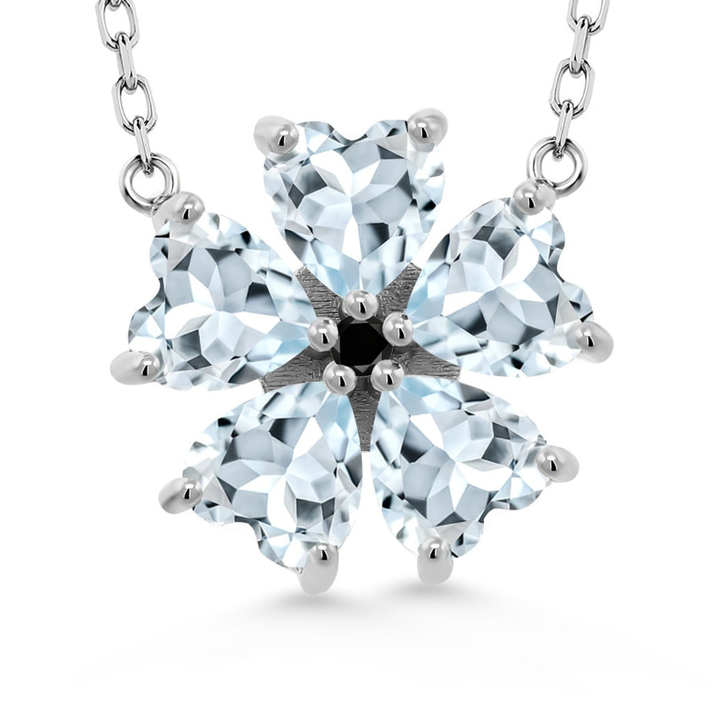 Gem Stone King 925 Sterling Silver Gemstone Birthstone and Black Diamond Flower Pendant Necklace for Women | Heart Shape 6MM Petals and Round 2MM Center | With 18 Inch Chain | Fine Jewelry for Her Mom Wife