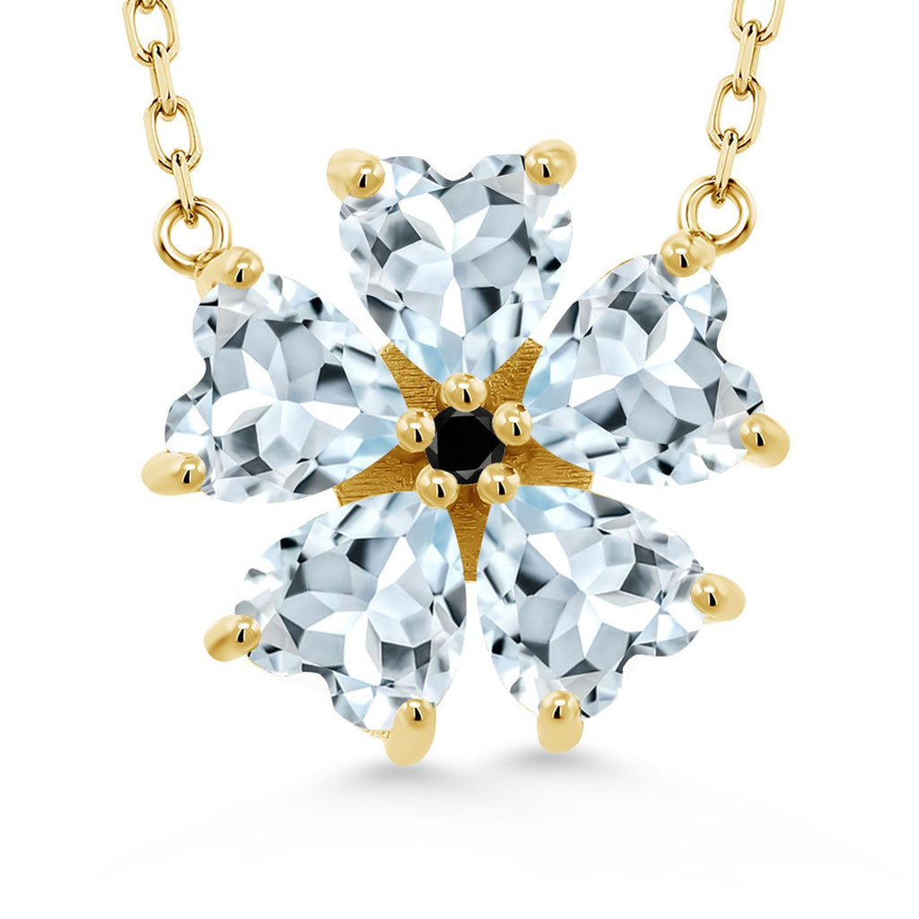 Gem Stone King 925 Sterling Silver Gemstone Birthstone and Black Diamond Flower Pendant Necklace for Women | Heart Shape 6MM Petals and Round 2MM Center | With 18 Inch Chain | Fine Jewelry for Her Mom Wife