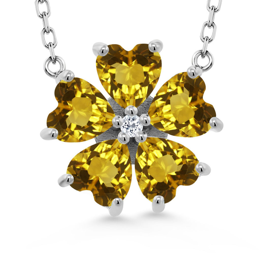 Gemstone Birthstone and White Topaz Flower Pendant Necklace for Women | 925 Sterling Silver | Heart Shape 6MM Petals and Round 2MM Center | With 18 Inch Chain | Fine Jewelry for Her Mom Wife
