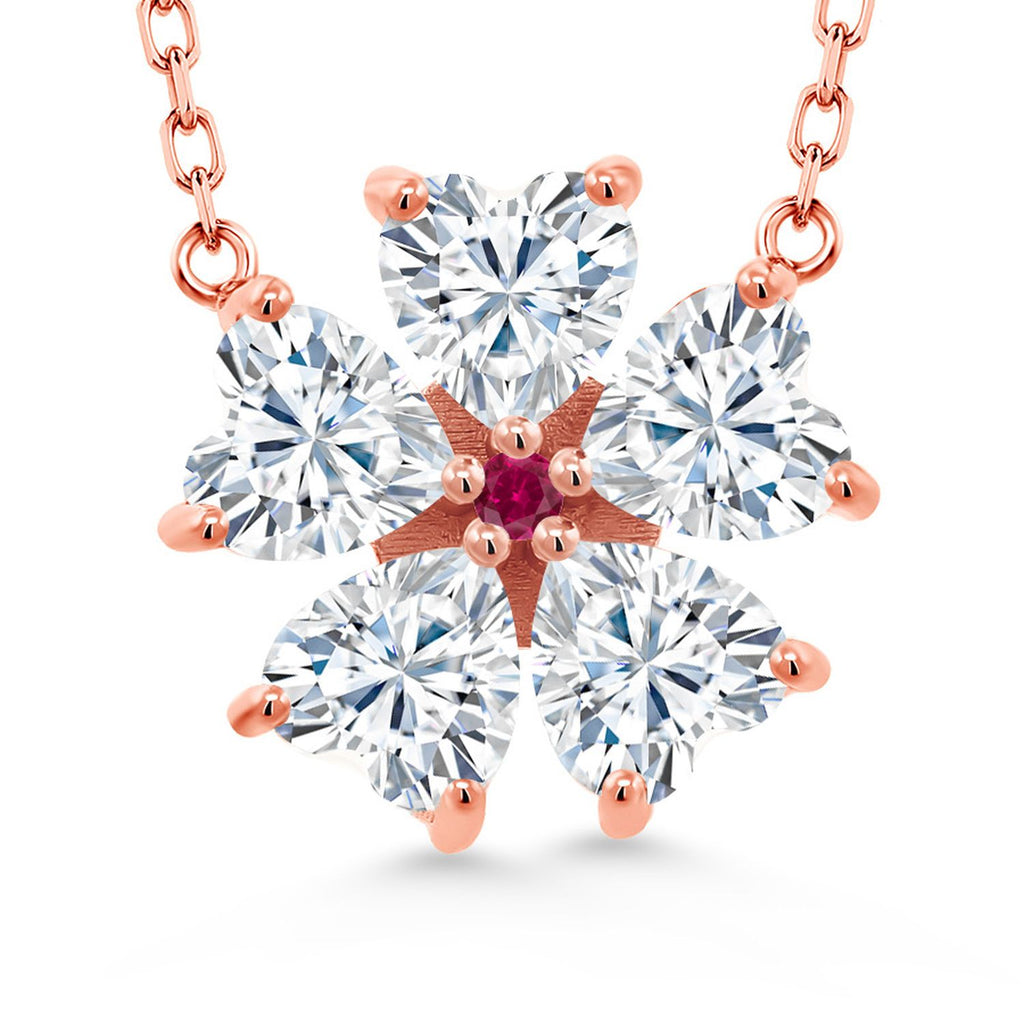 Gem Stone King 925 Sterling Silver Gemstone Birthstone and Created Ruby Flower Pendant Necklace for Women | Heart Shape 6MM Petals and Round 2MM Center | With 18 Inch Chain | Fine Jewelry for Her Mom Wife