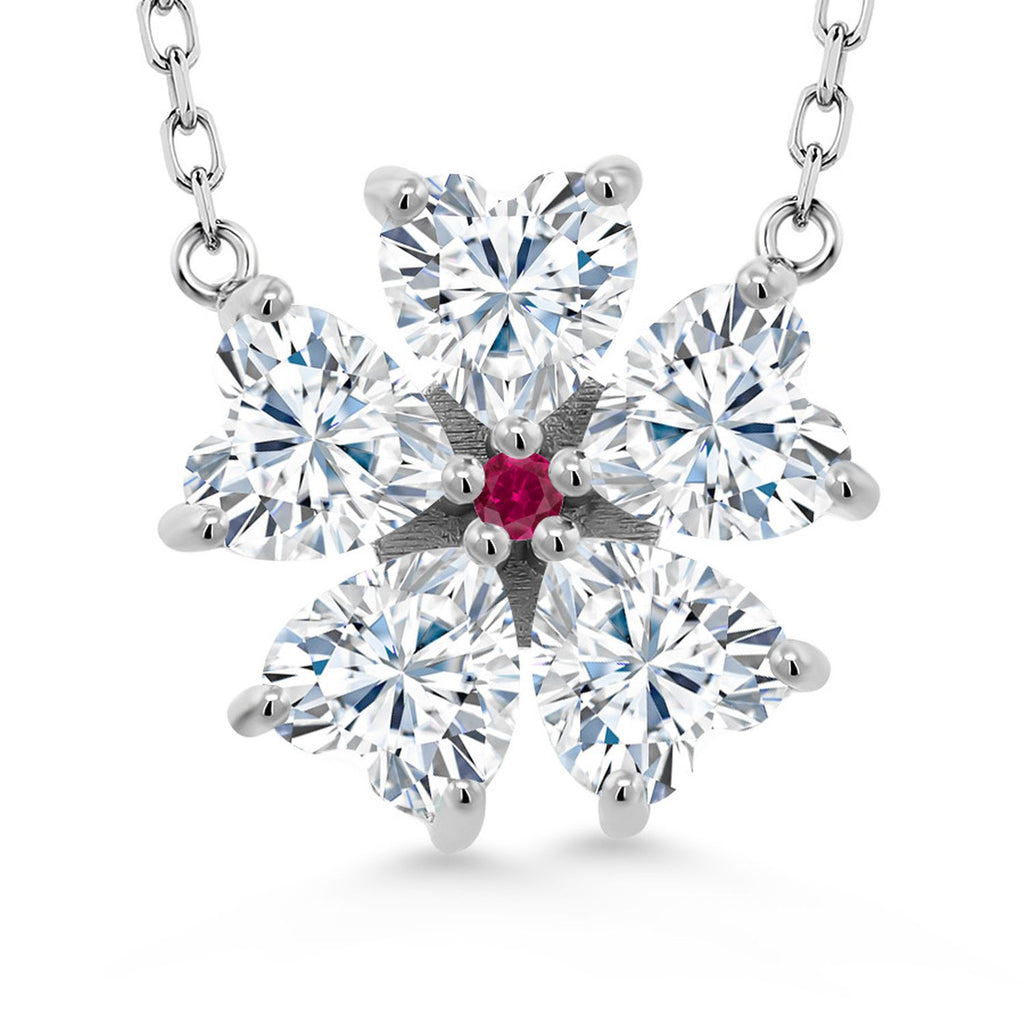 Gem Stone King 925 Sterling Silver Gemstone Birthstone and Created Ruby Flower Pendant Necklace for Women | Heart Shape 6MM Petals and Round 2MM Center | With 18 Inch Chain | Fine Jewelry for Her Mom Wife