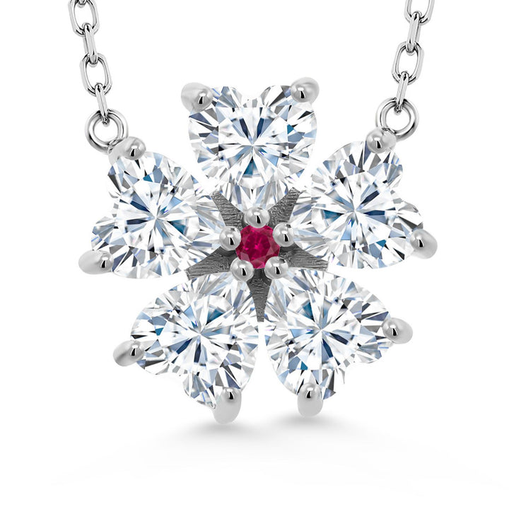 Gem Stone King 925 Sterling Silver Gemstone Birthstone and Created Ruby Flower Pendant Necklace for Women | Heart Shape 6MM Petals and Round 2MM Center | With 18 Inch Chain | Fine Jewelry for Her Mom Wife