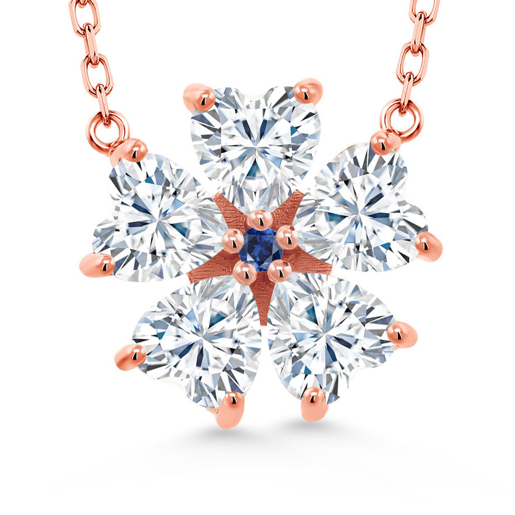 Gem Stone King 925 Sterling Silver Gemstone Birthstone and Blue Created Sapphire Flower Pendant Necklace for Women | Heart Shape 6MM Petals and Round 2MM Center | With 18 Inch Chain | Fine Jewelry for Her Mom Wife