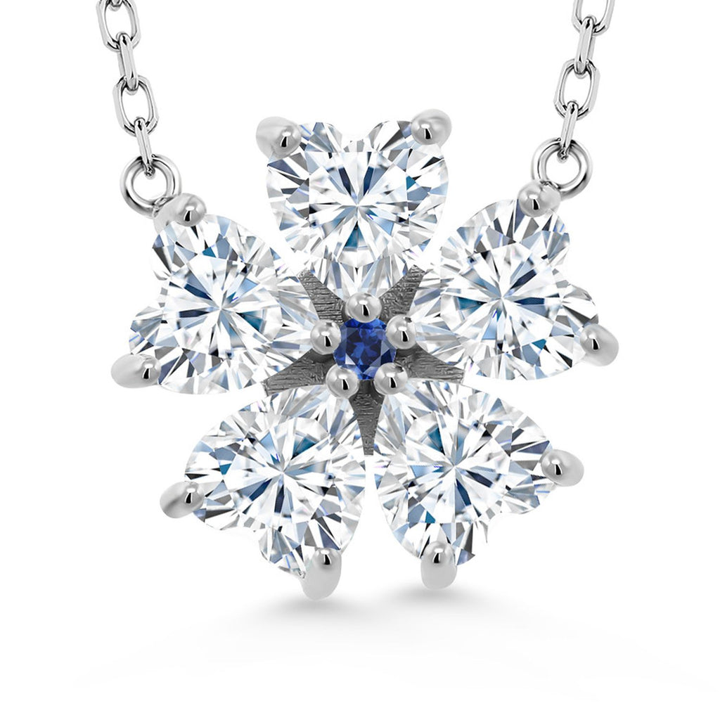 Gem Stone King 925 Sterling Silver Gemstone Birthstone and Blue Created Sapphire Flower Pendant Necklace for Women | Heart Shape 6MM Petals and Round 2MM Center | With 18 Inch Chain | Fine Jewelry for Her Mom Wife