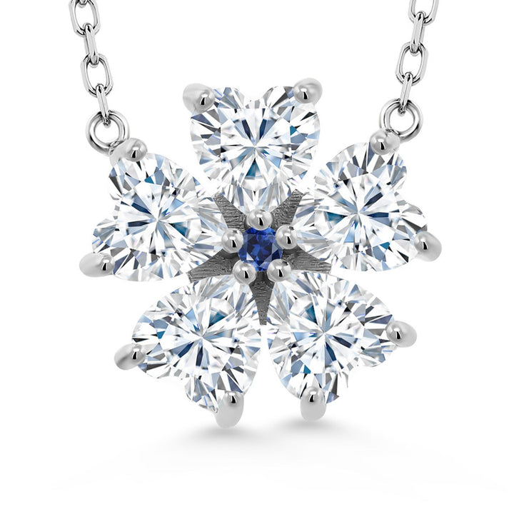 Gem Stone King 925 Sterling Silver Gemstone Birthstone and Blue Created Sapphire Flower Pendant Necklace for Women | Heart Shape 6MM Petals and Round 2MM Center | With 18 Inch Chain | Fine Jewelry for Her Mom Wife