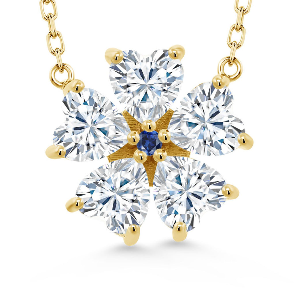 Gem Stone King 925 Sterling Silver Gemstone Birthstone and Blue Created Sapphire Flower Pendant Necklace for Women | Heart Shape 6MM Petals and Round 2MM Center | With 18 Inch Chain | Fine Jewelry for Her Mom Wife
