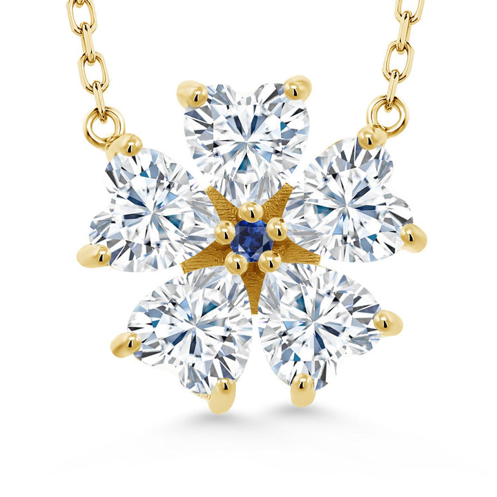 Gem Stone King 925 Sterling Silver Gemstone Birthstone and Blue Created Sapphire Flower Pendant Necklace for Women | Heart Shape 6MM Petals and Round 2MM Center | With 18 Inch Chain | Fine Jewelry for Her Mom Wife