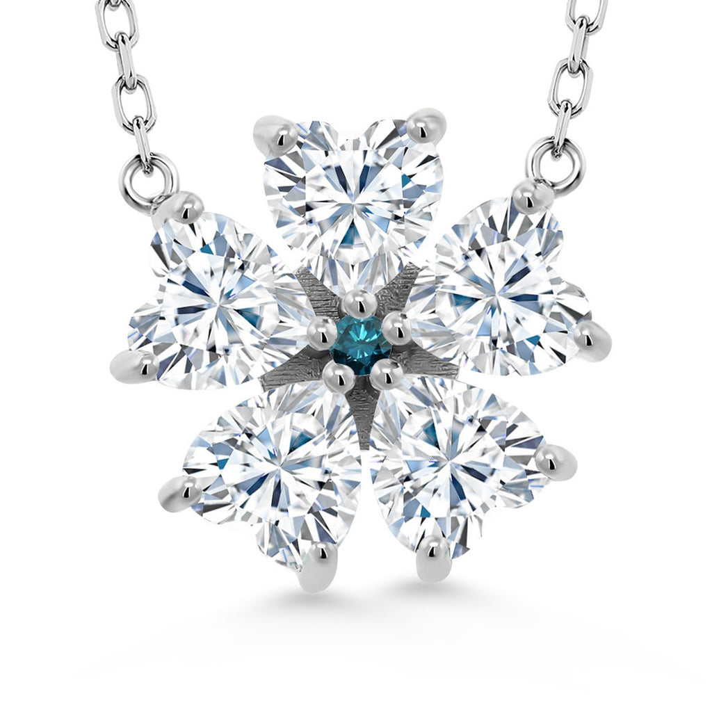 Gem Stone King 925 Sterling Silver Gemstone Birthstone and Blue Diamond Flower Pendant Necklace for Women | Heart Shape 6MM Petals and Round 2MM Center | With 18 Inch Chain | Fine Jewelry for Her Mom Wife