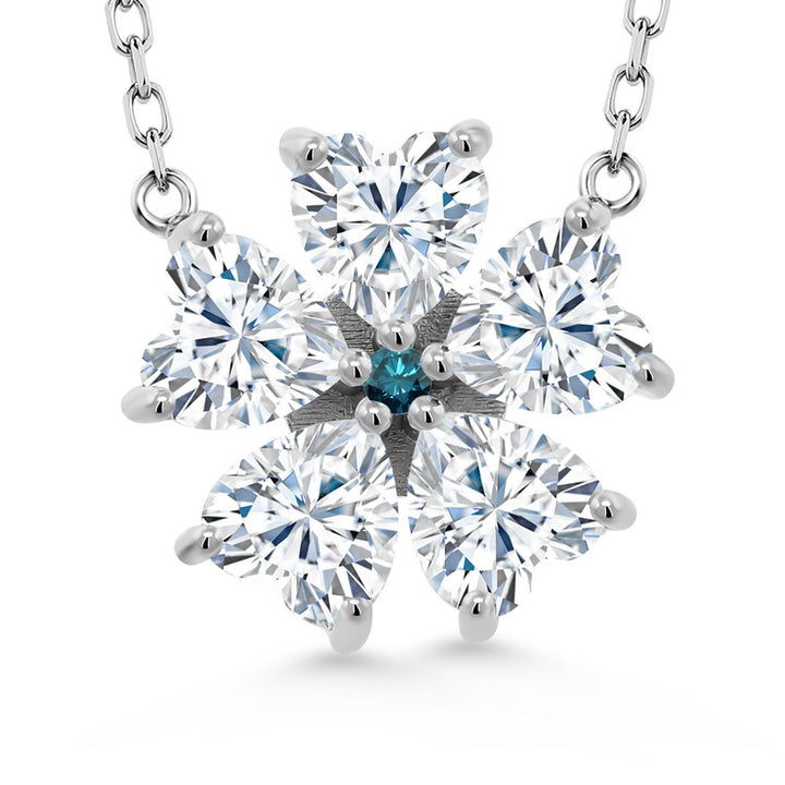 Gem Stone King 925 Sterling Silver Gemstone Birthstone and Blue Diamond Flower Pendant Necklace for Women | Heart Shape 6MM Petals and Round 2MM Center | With 18 Inch Chain | Fine Jewelry for Her Mom Wife