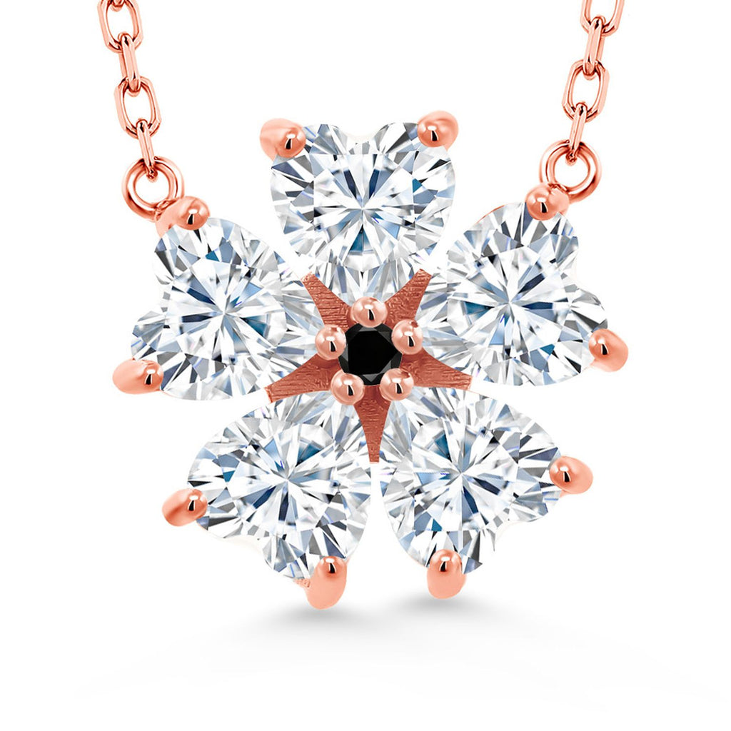 Gem Stone King 925 Sterling Silver Gemstone Birthstone and Black Diamond Flower Pendant Necklace for Women | Heart Shape 6MM Petals and Round 2MM Center | With 18 Inch Chain | Fine Jewelry for Her Mom Wife