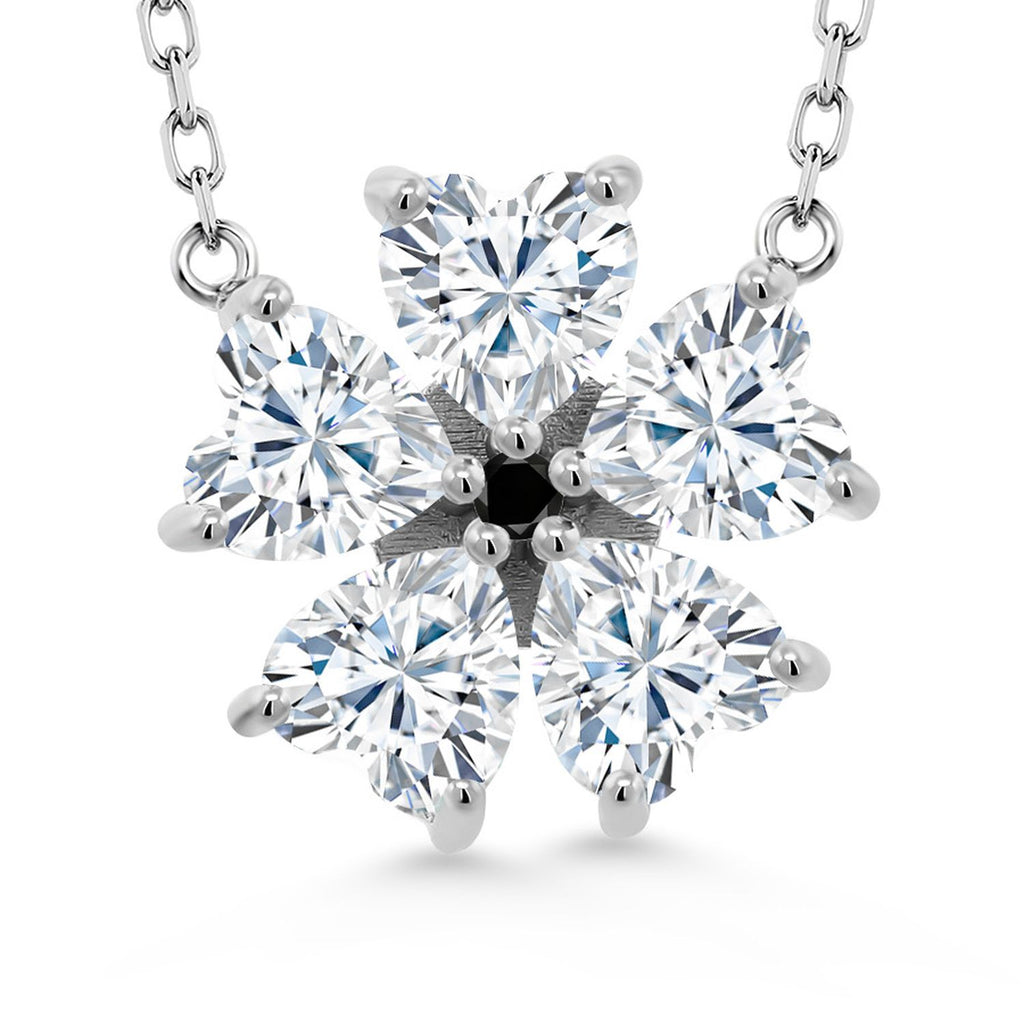 Gem Stone King 925 Sterling Silver Gemstone Birthstone and Black Diamond Flower Pendant Necklace for Women | Heart Shape 6MM Petals and Round 2MM Center | With 18 Inch Chain | Fine Jewelry for Her Mom Wife