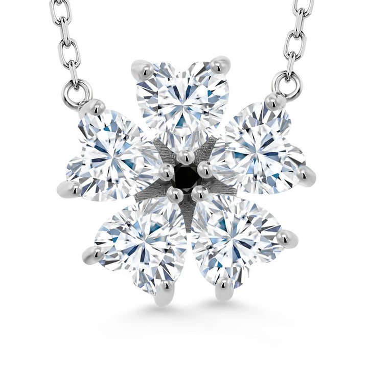 Gem Stone King 925 Sterling Silver Gemstone Birthstone and Black Diamond Flower Pendant Necklace for Women | Heart Shape 6MM Petals and Round 2MM Center | With 18 Inch Chain | Fine Jewelry for Her Mom Wife