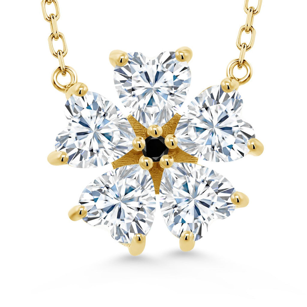 Gem Stone King 925 Sterling Silver Gemstone Birthstone and Black Diamond Flower Pendant Necklace for Women | Heart Shape 6MM Petals and Round 2MM Center | With 18 Inch Chain | Fine Jewelry for Her Mom Wife