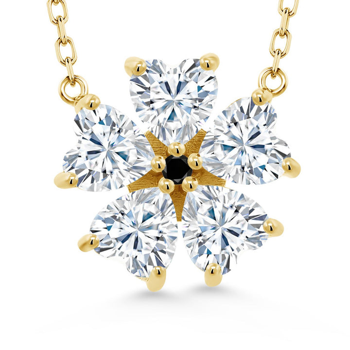 Gem Stone King 925 Sterling Silver Gemstone Birthstone and Black Diamond Flower Pendant Necklace for Women | Heart Shape 6MM Petals and Round 2MM Center | With 18 Inch Chain | Fine Jewelry for Her Mom Wife