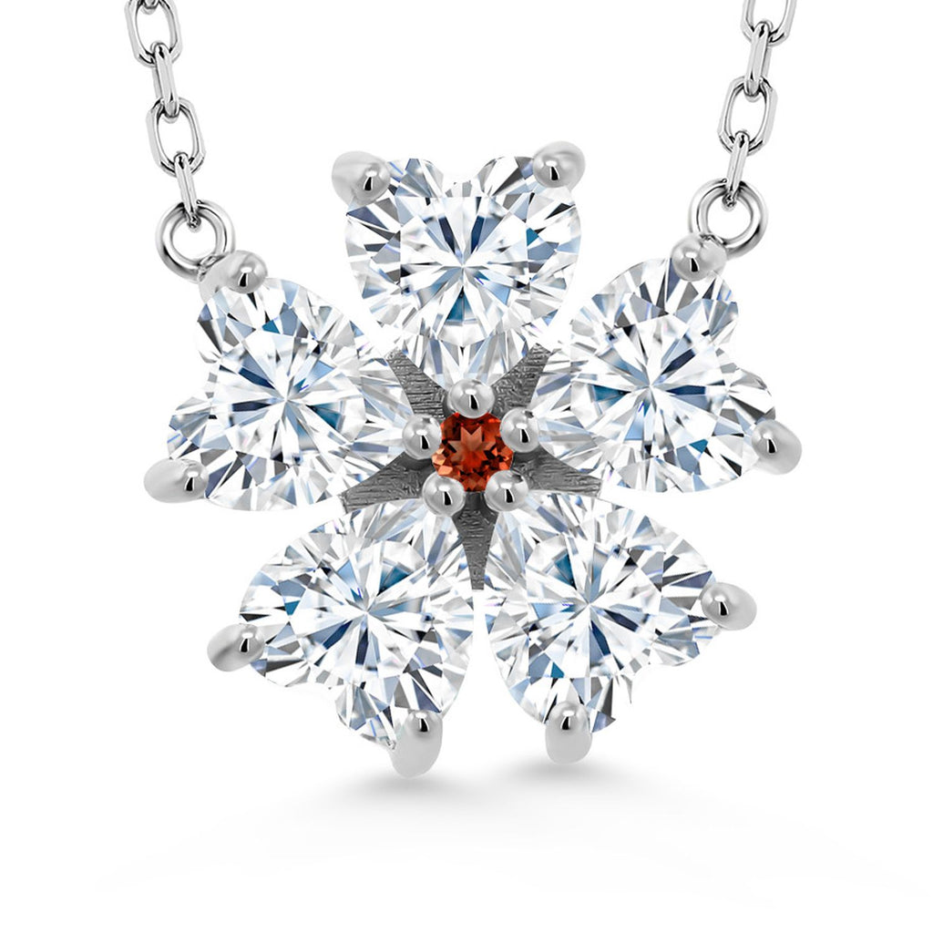 Gem Stone King 925 Sterling Silver Gemstone Birthstone and Garnet Flower Pendant Necklace for Women | Heart Shape 6MM Petals and Round 2MM Center | With 18 Inch Chain | Fine Jewelry for Her Mom Wife