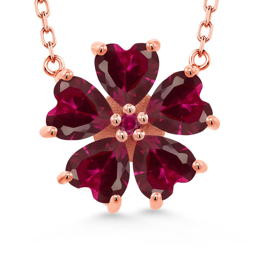 Gem Stone King 925 Sterling Silver Gemstone Birthstone and Created Ruby Flower Pendant Necklace for Women | Heart Shape 6MM Petals and Round 2MM Center | With 18 Inch Chain | Fine Jewelry for Her Mom Wife