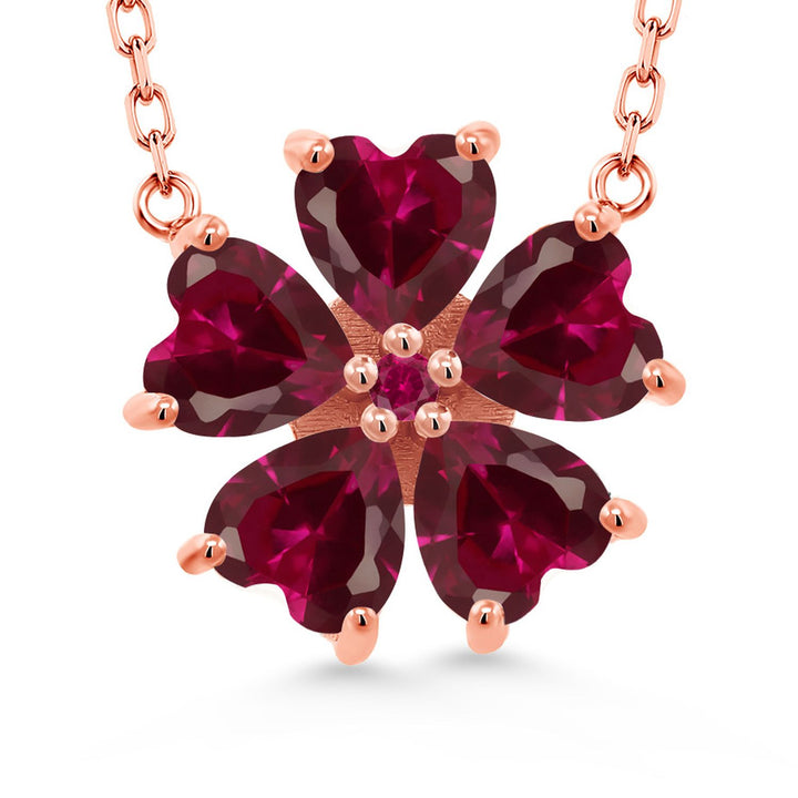 Gem Stone King 925 Sterling Silver Gemstone Birthstone and Created Ruby Flower Pendant Necklace for Women | Heart Shape 6MM Petals and Round 2MM Center | With 18 Inch Chain | Fine Jewelry for Her Mom Wife