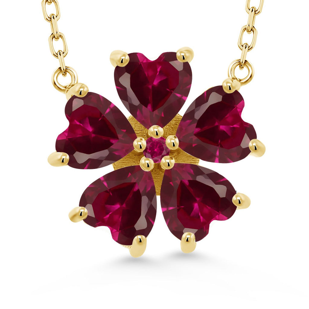 Gem Stone King 925 Sterling Silver Gemstone Birthstone and Created Ruby Flower Pendant Necklace for Women | Heart Shape 6MM Petals and Round 2MM Center | With 18 Inch Chain | Fine Jewelry for Her Mom Wife