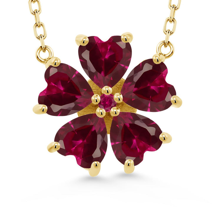Gem Stone King 925 Sterling Silver Gemstone Birthstone and Created Ruby Flower Pendant Necklace for Women | Heart Shape 6MM Petals and Round 2MM Center | With 18 Inch Chain | Fine Jewelry for Her Mom Wife