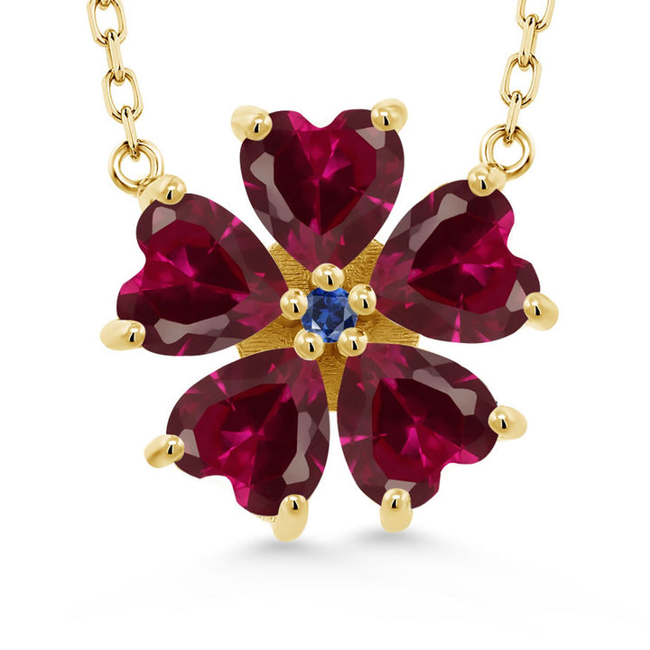 Gem Stone King 925 Sterling Silver Gemstone Birthstone and Blue Created Sapphire Flower Pendant Necklace for Women | Heart Shape 6MM Petals and Round 2MM Center | With 18 Inch Chain | Fine Jewelry for Her Mom Wife