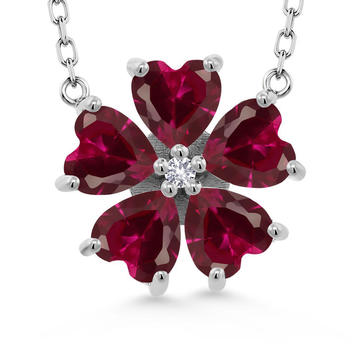 Gem Stone King 925 Sterling Silver Gemstone Birthstone and White Created Sapphire Flower Pendant Necklace for Women | Heart Shape 6MM Petals and Round 2MM Center | With 18 Inch Chain | Fine Jewelry for Her Mom Wife