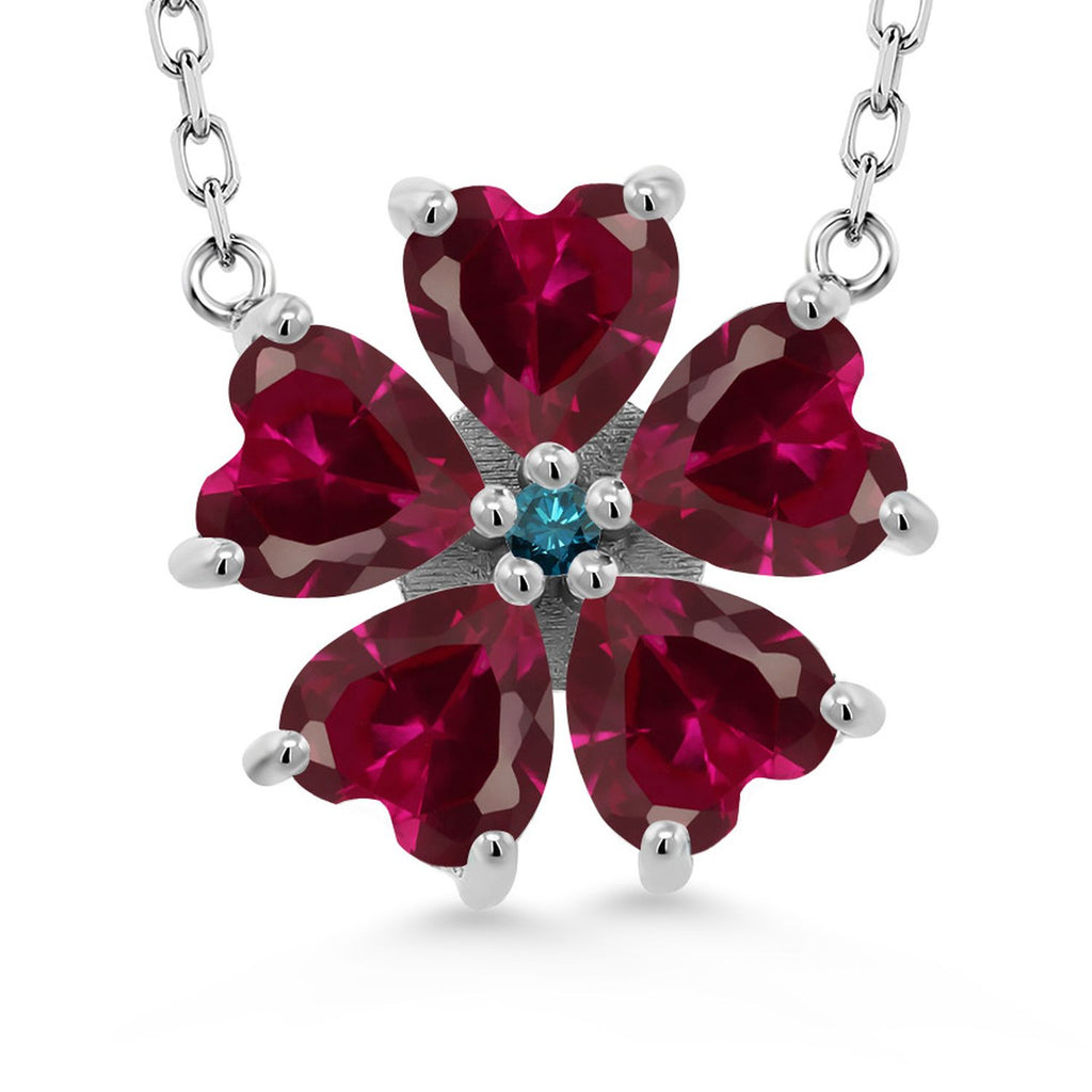Gem Stone King 925 Sterling Silver Gemstone Birthstone and Blue Diamond Flower Pendant Necklace for Women | Heart Shape 6MM Petals and Round 2MM Center | With 18 Inch Chain | Fine Jewelry for Her Mom Wife