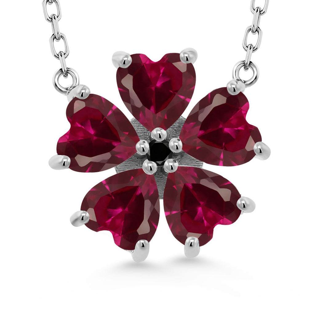 Gem Stone King 925 Sterling Silver Gemstone Birthstone and Black Diamond Flower Pendant Necklace for Women | Heart Shape 6MM Petals and Round 2MM Center | With 18 Inch Chain | Fine Jewelry for Her Mom Wife
