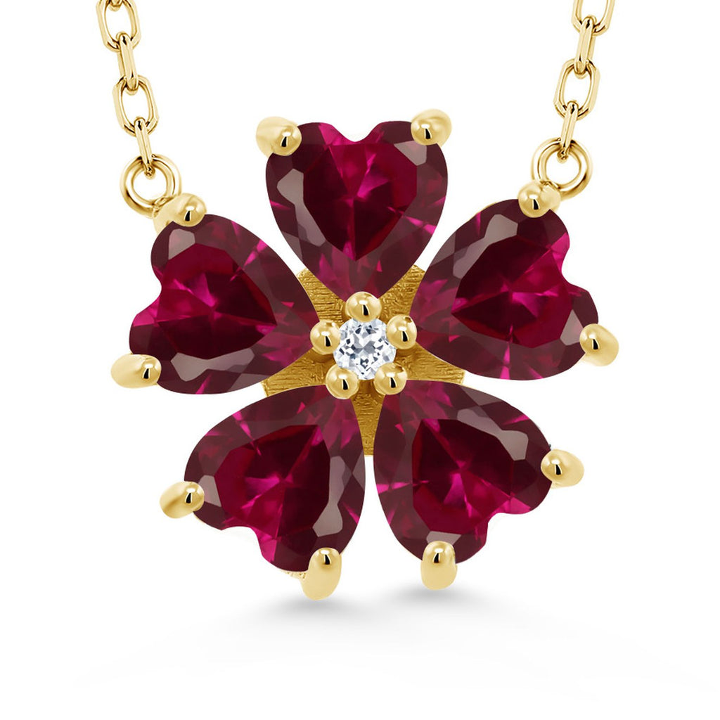 Gemstone Birthstone and White Topaz Flower Pendant Necklace for Women | 925 Sterling Silver | Heart Shape 6MM Petals and Round 2MM Center | With 18 Inch Chain | Fine Jewelry for Her Mom Wife