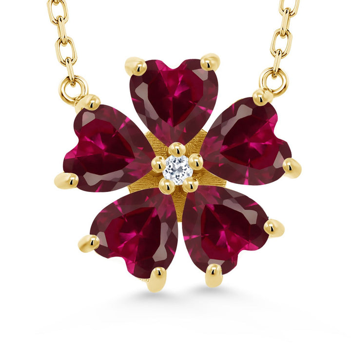 Gemstone Birthstone and White Topaz Flower Pendant Necklace for Women | 925 Sterling Silver | Heart Shape 6MM Petals and Round 2MM Center | With 18 Inch Chain | Fine Jewelry for Her Mom Wife