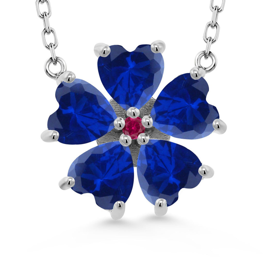 Gem Stone King 925 Sterling Silver Gemstone Birthstone and Created Ruby Flower Pendant Necklace for Women | Heart Shape 6MM Petals and Round 2MM Center | With 18 Inch Chain | Fine Jewelry for Her Mom Wife