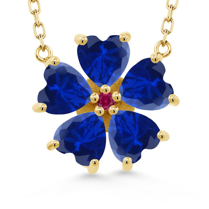 Gem Stone King 925 Sterling Silver Gemstone Birthstone and Created Ruby Flower Pendant Necklace for Women | Heart Shape 6MM Petals and Round 2MM Center | With 18 Inch Chain | Fine Jewelry for Her Mom Wife