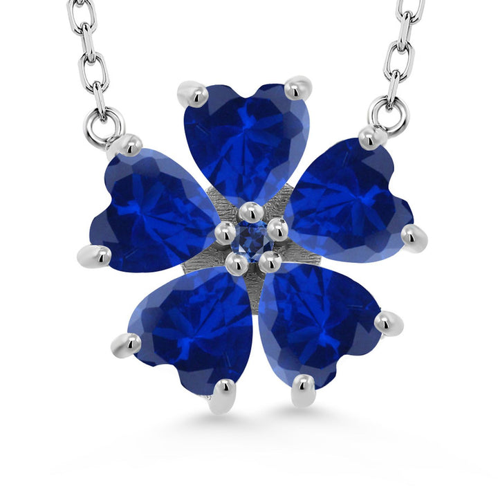 Gem Stone King 925 Sterling Silver Gemstone Birthstone and Blue Created Sapphire Flower Pendant Necklace for Women | Heart Shape 6MM Petals and Round 2MM Center | With 18 Inch Chain | Fine Jewelry for Her Mom Wife