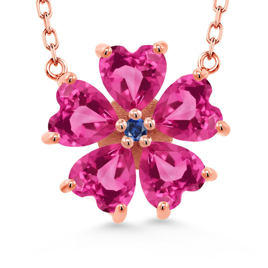 Gem Stone King 925 Sterling Silver Gemstone Birthstone and Blue Created Sapphire Flower Pendant Necklace for Women | Heart Shape 6MM Petals and Round 2MM Center | With 18 Inch Chain | Fine Jewelry for Her Mom Wife