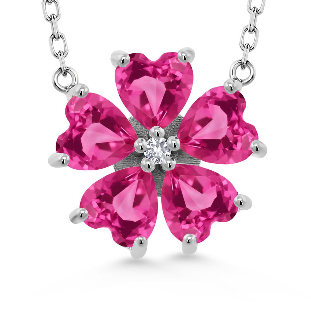 Gem Stone King 925 Sterling Silver Gemstone Birthstone and White Created Sapphire Flower Pendant Necklace for Women | Heart Shape 6MM Petals and Round 2MM Center | With 18 Inch Chain | Fine Jewelry for Her Mom Wife