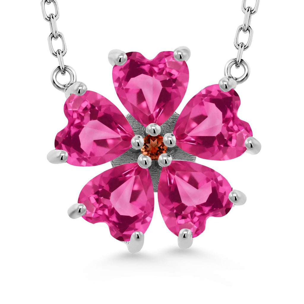 Gem Stone King 925 Sterling Silver Gemstone Birthstone and Garnet Flower Pendant Necklace for Women | Heart Shape 6MM Petals and Round 2MM Center | With 18 Inch Chain | Fine Jewelry for Her Mom Wife