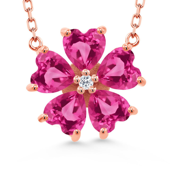 Gemstone Birthstone and White Topaz Flower Pendant Necklace for Women | 925 Sterling Silver | Heart Shape 6MM Petals and Round 2MM Center | With 18 Inch Chain | Fine Jewelry for Her Mom Wife