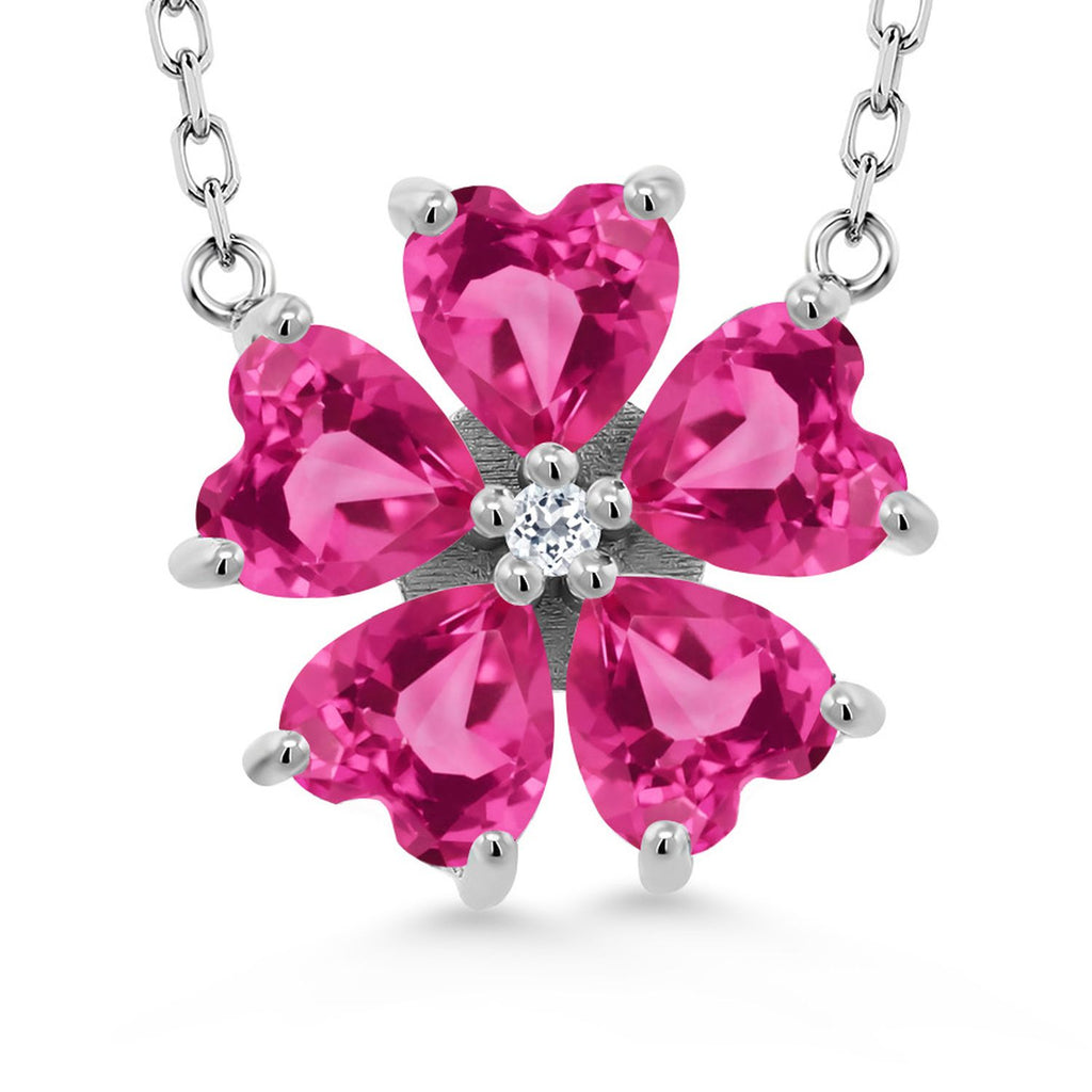 Gemstone Birthstone and White Topaz Flower Pendant Necklace for Women | 925 Sterling Silver | Heart Shape 6MM Petals and Round 2MM Center | With 18 Inch Chain | Fine Jewelry for Her Mom Wife