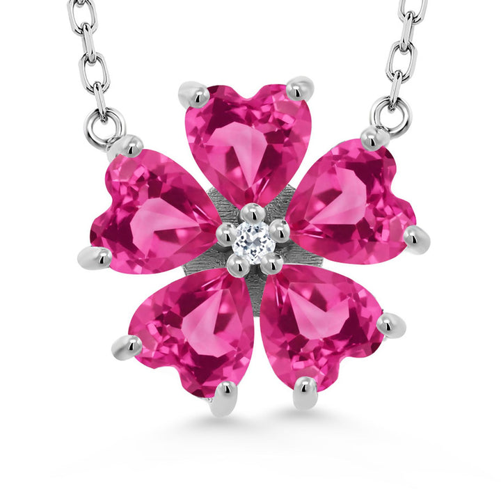 Gemstone Birthstone and White Topaz Flower Pendant Necklace for Women | 925 Sterling Silver | Heart Shape 6MM Petals and Round 2MM Center | With 18 Inch Chain | Fine Jewelry for Her Mom Wife