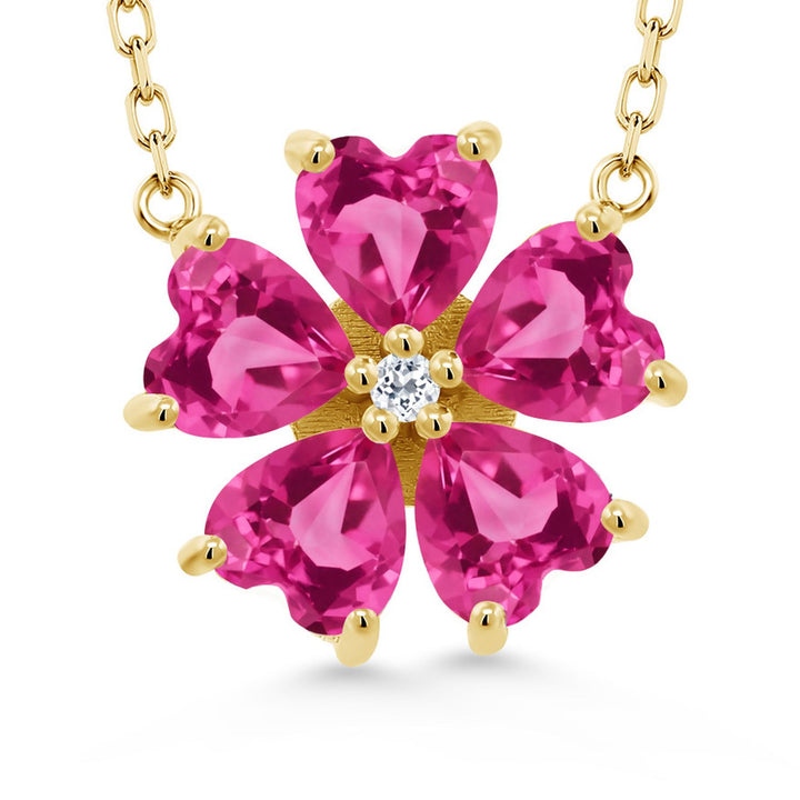 Gemstone Birthstone and White Topaz Flower Pendant Necklace for Women | 925 Sterling Silver | Heart Shape 6MM Petals and Round 2MM Center | With 18 Inch Chain | Fine Jewelry for Her Mom Wife