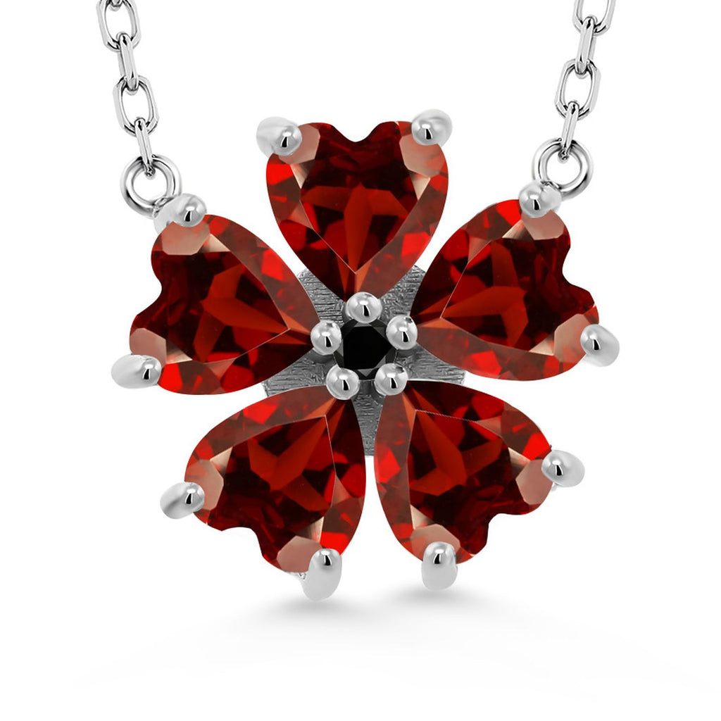 Gem Stone King 925 Sterling Silver Gemstone Birthstone and Black Diamond Flower Pendant Necklace for Women | Heart Shape 6MM Petals and Round 2MM Center | With 18 Inch Chain | Fine Jewelry for Her Mom Wife